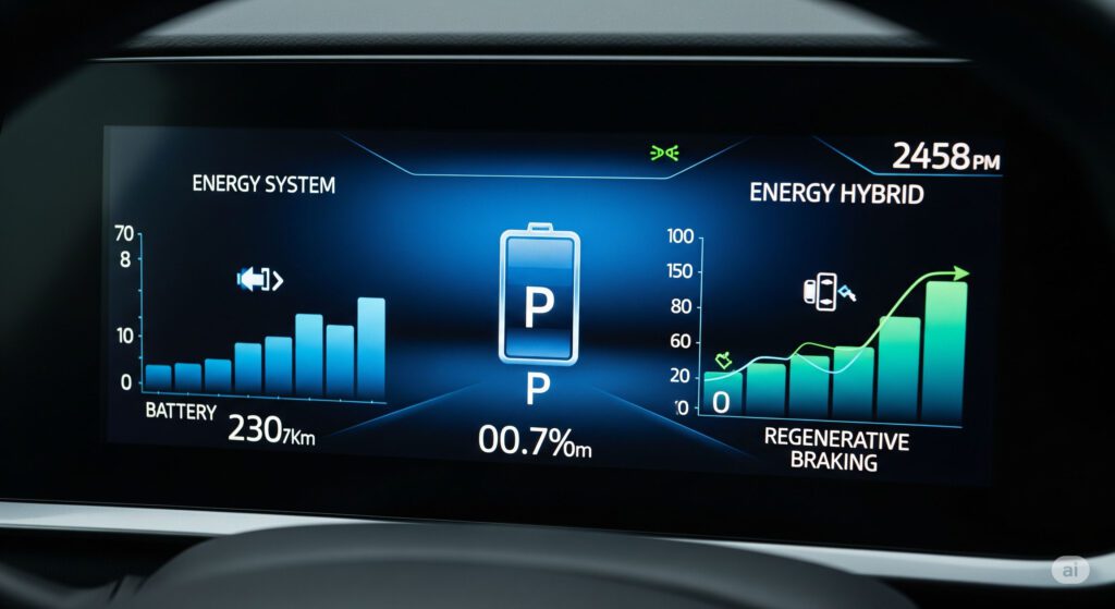 新型プリウスPHEV風の自動車のデジタルメーターに表示されたエネルギー消費量。