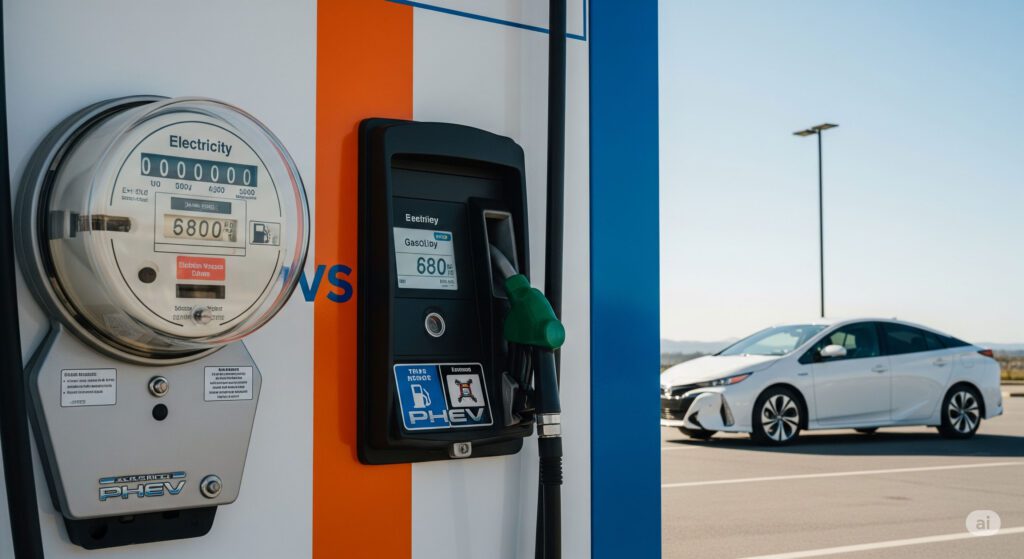 新型プリウスPHEV風の自動車の近くで、電気メーターとガソリンポンプの表示を比較。