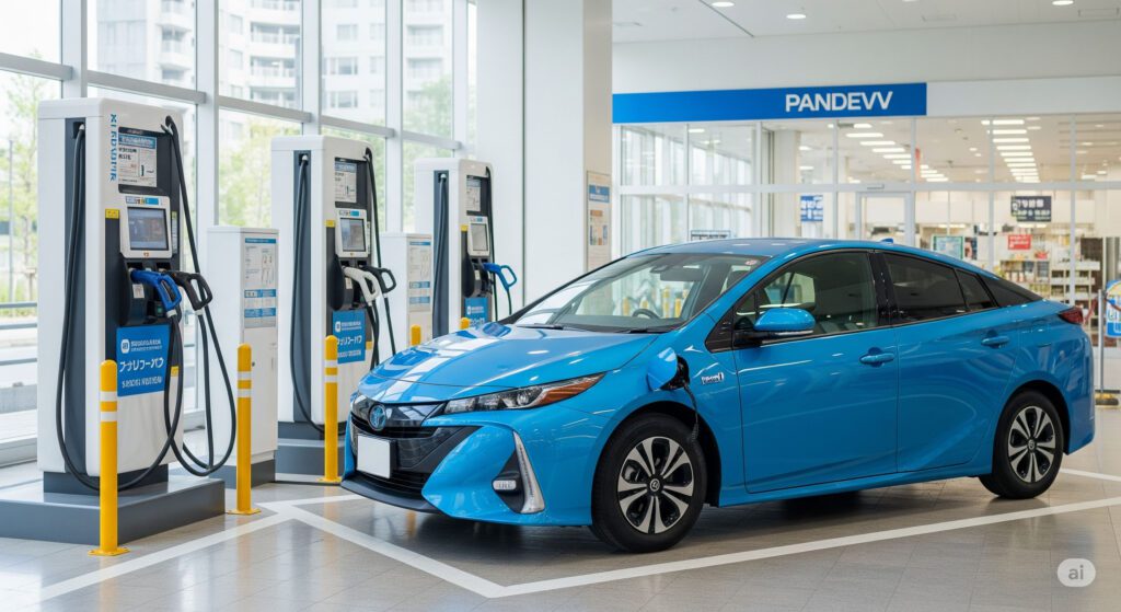 日本の商業施設にある公共充電スタンドで、新型プリウスPHEV風の自動車が充電されている様子。