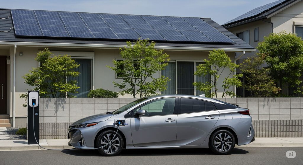 日本の住宅で、屋根の太陽光パネルから新型プリウスPHEV風の自動車を充電している様子。