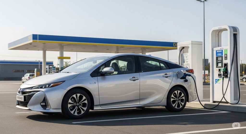 新型プリウスPHEV風の自動車が充電中で、背景にガソリンスタンドが見える。