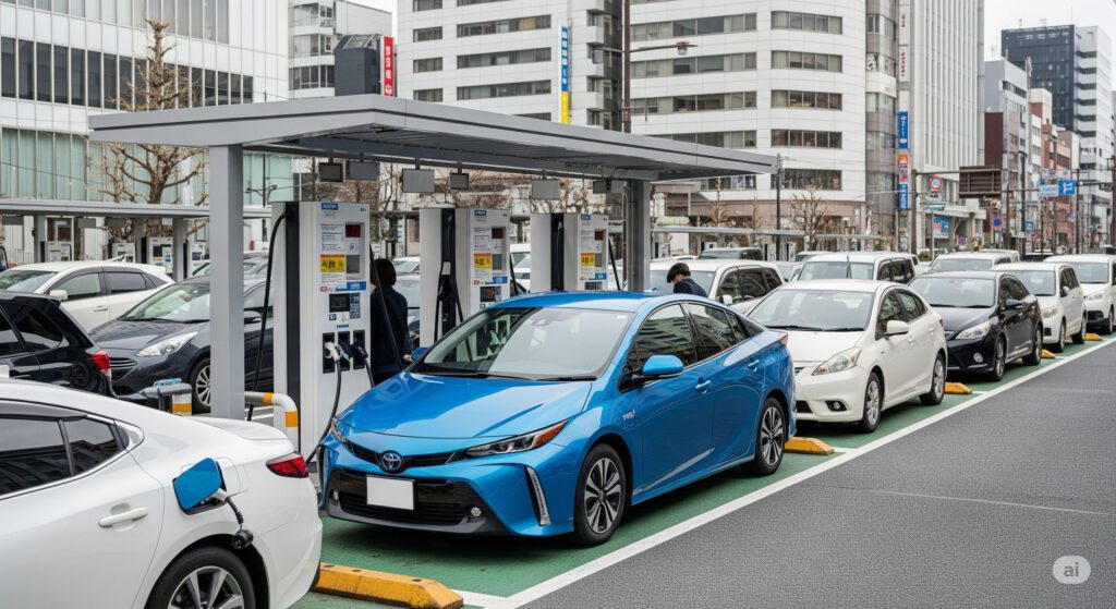 日本の公共充電ステーションで、新型プリウスPHEV風の自動車が充電待ちをしている様子。