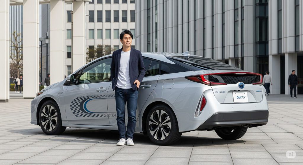alt:新型プリウス60系風のPHEV車が日本の現代的な都市に駐車され、ガソリン燃費の良さを示す要素が車体デザインに組み込まれている。