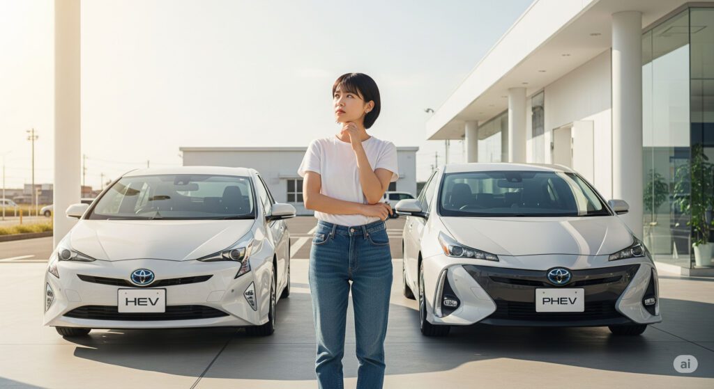 新型プリウスとプリウスPHV、それぞれの特徴を比較検討する女性。どちらの車が彼女のライフスタイルに合っているか、熟考している。