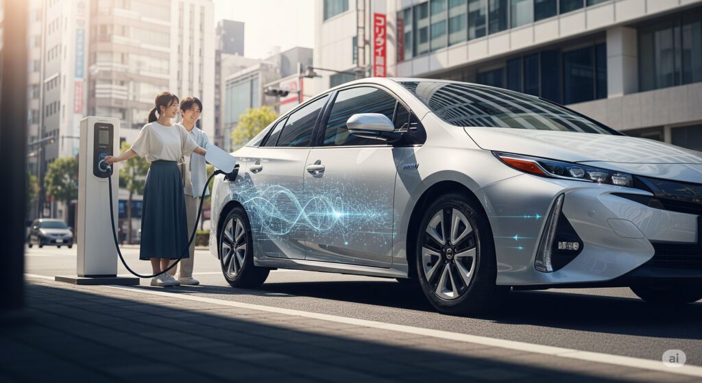 alt:新型プリウス60系風のPHEV車が日本の都市を走行中。PHEVの仕組みを示す光の線が車体に描かれ、若いカップルが車と交流している。