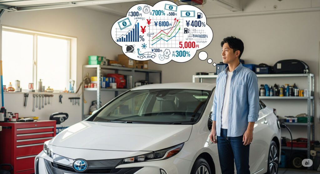 新型プリウスPHVの維持費について考える男性。ガソリン代、税金、保険料など、様々な費用を比較検討している。